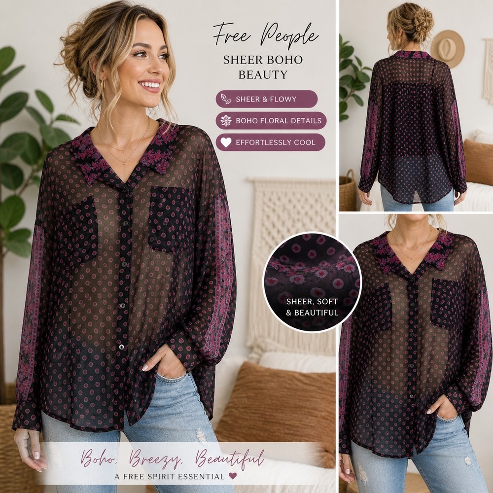 Free People Sheer Purple Black Geometric Floral Button Down Blouse Med. OB401128